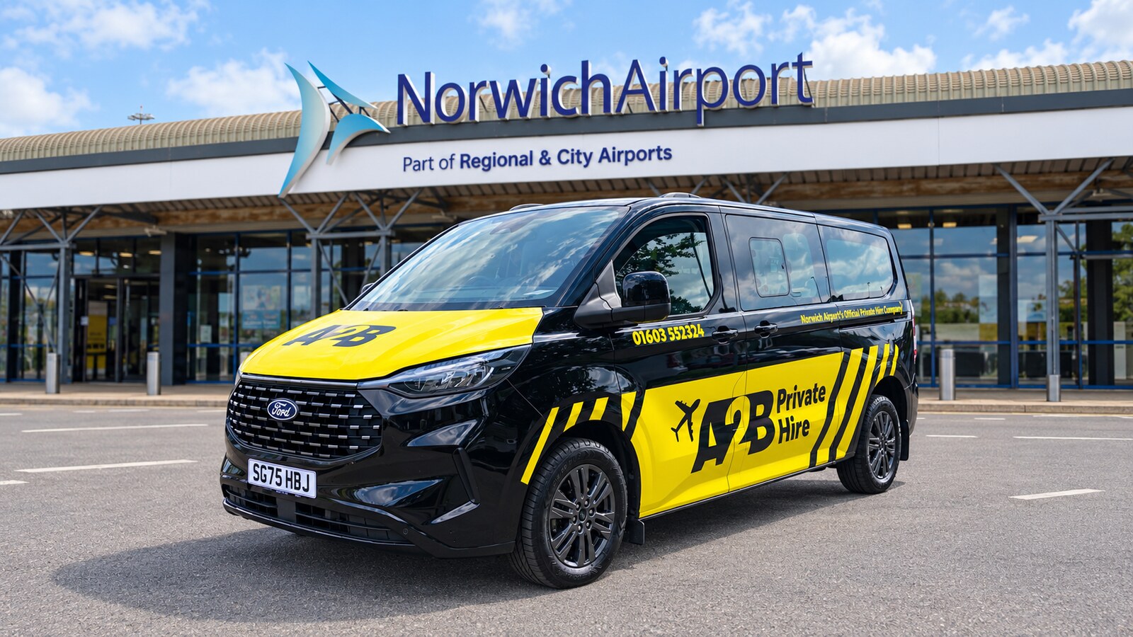 Norwich Airport Parking vs Taxi: Which Works Out Better? 1 A2B Taxis minibus parked outside Norwich Airport terminal